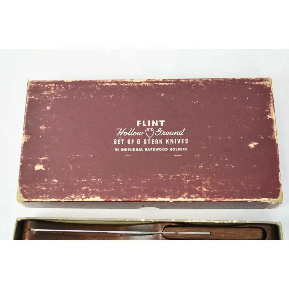 Flint Hollow Ground Set of 6 Steak Knives Vintage Individual Hardwood Holders In
